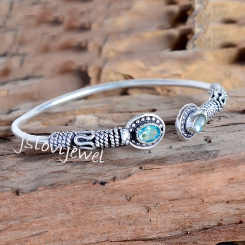 Labradorite & London Blue Topaz Gemstone 925 Sterling Silver Cuff Bracelet - Picture 4 of 5