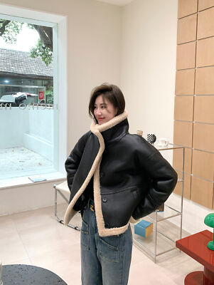 Winter Stand Collar Womens Real Lamb Wool Fur Lined Leather Button