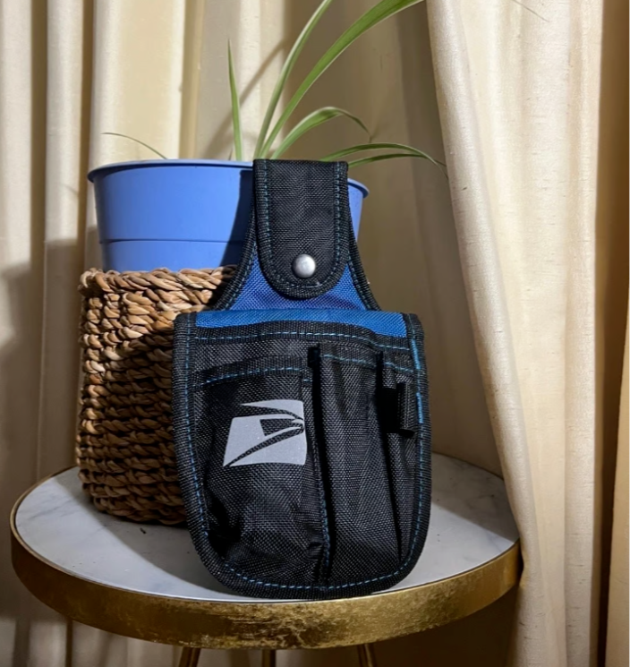 Flapless usps scanner holder black with blue trim with reflective logo w/ belt