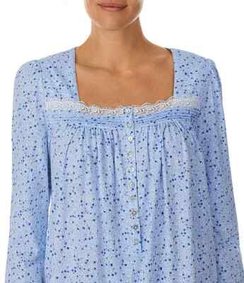 New $58 Eileen West Blue Ditsy Floral 100% Cotton Knit Ruffled Hem Nightgown L