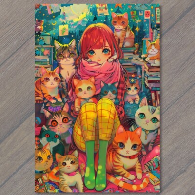 FLATCARD Girl Bedroom Cats Pink Red Young Animated Cute Kitty Young Crazy Lady
