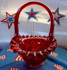FENTON~GOD BLESS R TROOPS"MINT+PERF"RUBY/RED"HOBNAIL"7"BASKET~VINTAGE"GLASS~80s