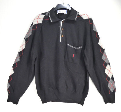 YSL Yves Saint Laurent Pullover Polo Argyle Vintage Sweater Lammwolle Gr. M