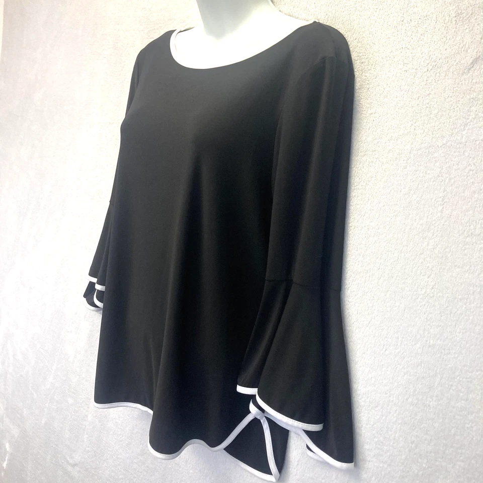 Coco Bianco Ruffle Bell Sleeve Shirt Womens PL Petite Large Black White Made USA - Image 2 of 4