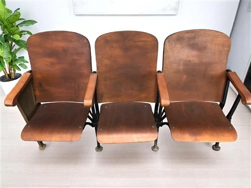 3 Vintage Wood Folding Theater Seats, Auditorium Seats, Entryway Bench, E7 - Image 3 of 4
