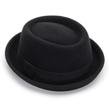 Mens-Pork-Pie-Hat Flat-Top-Bowler-Hat Wool-Fedora-Hat for Medium Black-style B