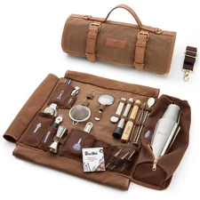 Bartender Kit Bag with Cocktail Shaker Set - Waxed Canvas, Traveling Bar Tool...
