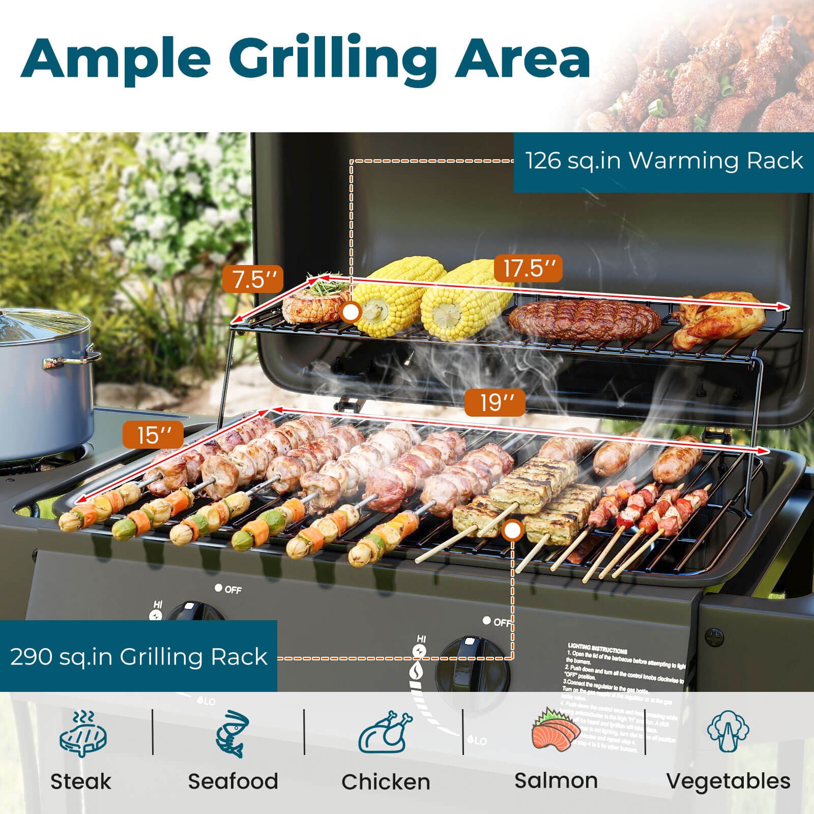 Storage Rack Back Grill 30,000 BTU Outdoor Cooking Grill with Storage Shelves & Grates