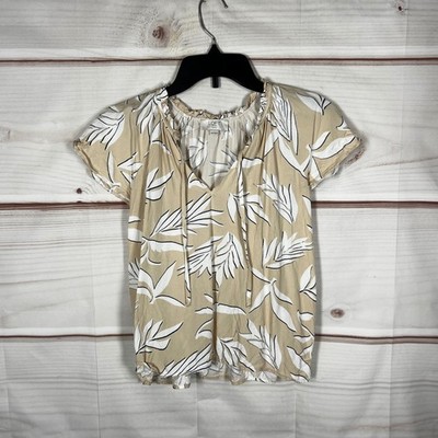 LOFT Outlet Blouse Womens PXXS Tan Tropical Leaf Tie Neck Cap Sleeve Pullover