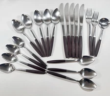 Vtg Interpur Japan Stainless Steel Flatware Faux Wood Handle 20 Pcs MCM 