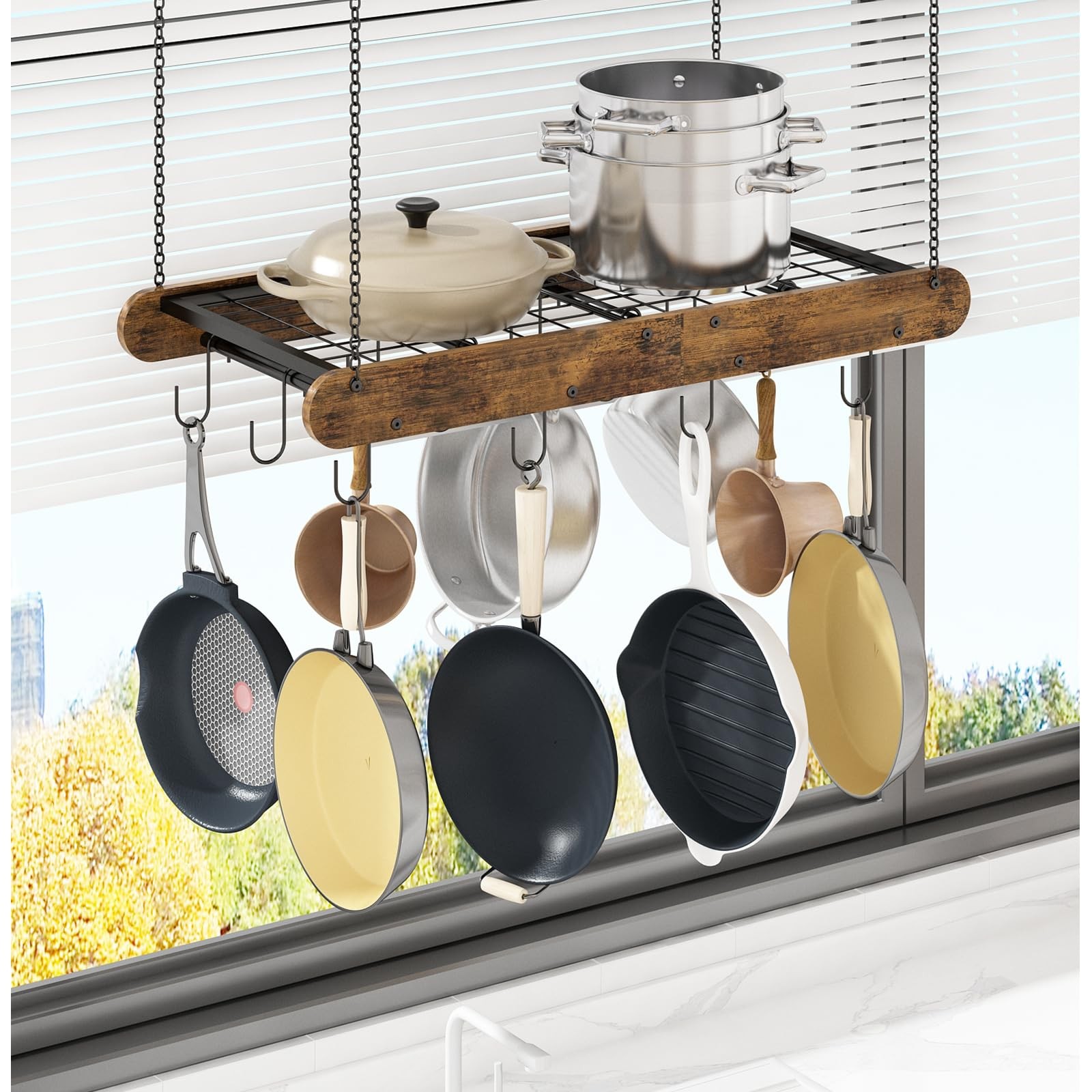 Pot Racks Hanging Ceiling Mount with 12 S-Shaped Hooks Heavy-Duty Pot and Pan