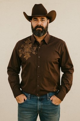 Roar Enough Excuses  Mens XL Large Button Up Long Sleeve Brown Western Tribal