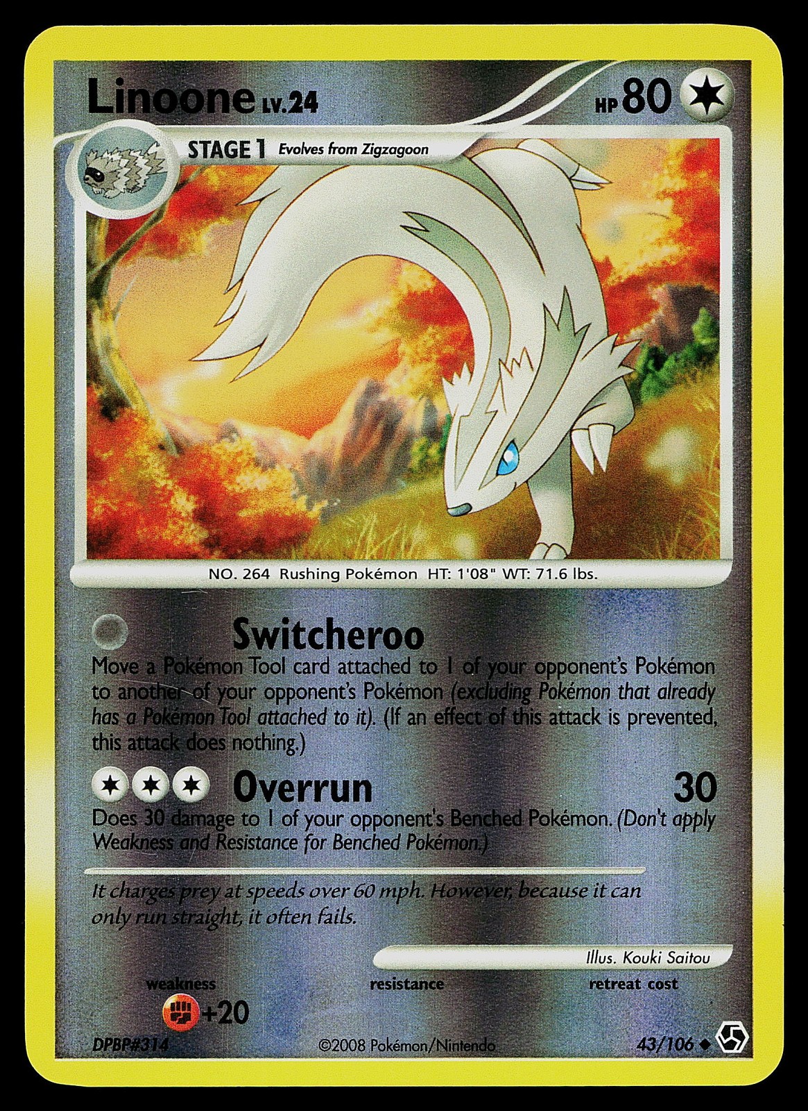 Pokemon Card - Linoone Great Encounters 43/106 Uncommon Reverse Holo