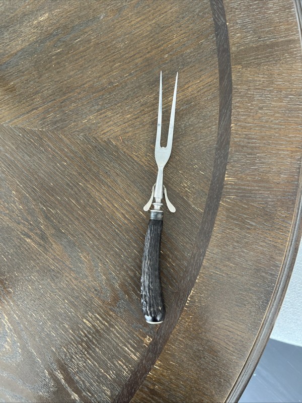 Vintage Antler Horn Faux Handle Meat Carving Serving Fork with Stand 11.5”