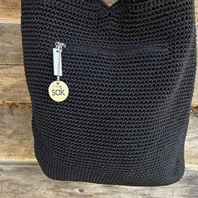 The Sak Black Shoulder Bag Zip Closure Logo Charm Inner Pockets