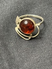 Vintage Artisan Modernist By Artist TD Sterling Silver And Amber Ring Size 6
