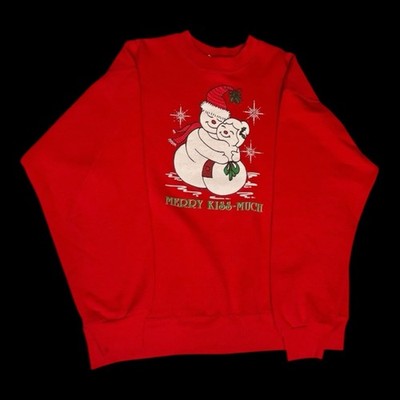 Hanes 80s Vintage Merry Kiss Much Snowman Ugly Christmas Sweater Sweatshirt Sz L