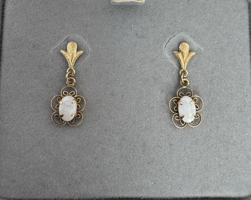 14K Solid Gold Filigree Natural Australian Opal Dangle / Drop Earrings