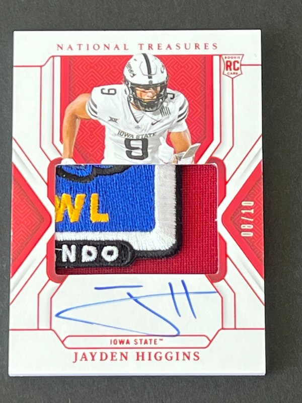 Jayden Higgins 2025 National Treasures Collegiate RC Patch Auto #ed 8/10