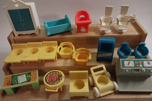 Vintage Fisher Price Little People Accessories Furniture Mobile Vehicles 21 pc