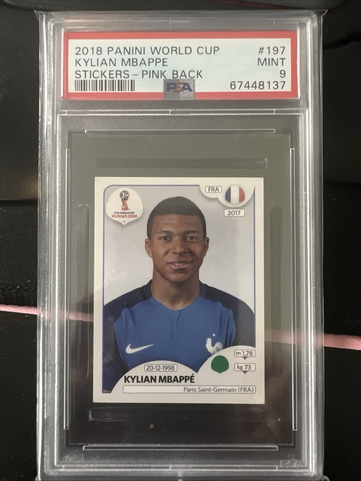 2018 PANINI WORLD CUP STICKERS PINK BACK #197 KYLIAN MBAPPE PSA 9 AQ