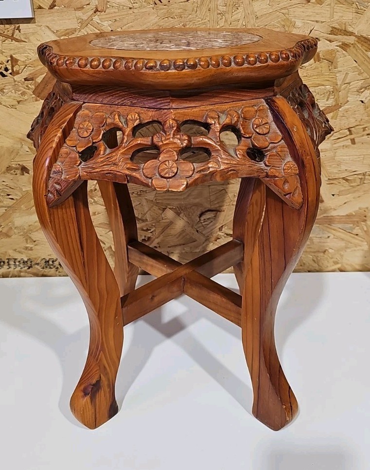 Vintage Chinese Carved Wooden Plant Stand Side Table Ornate Marble Top 45cm — image 3