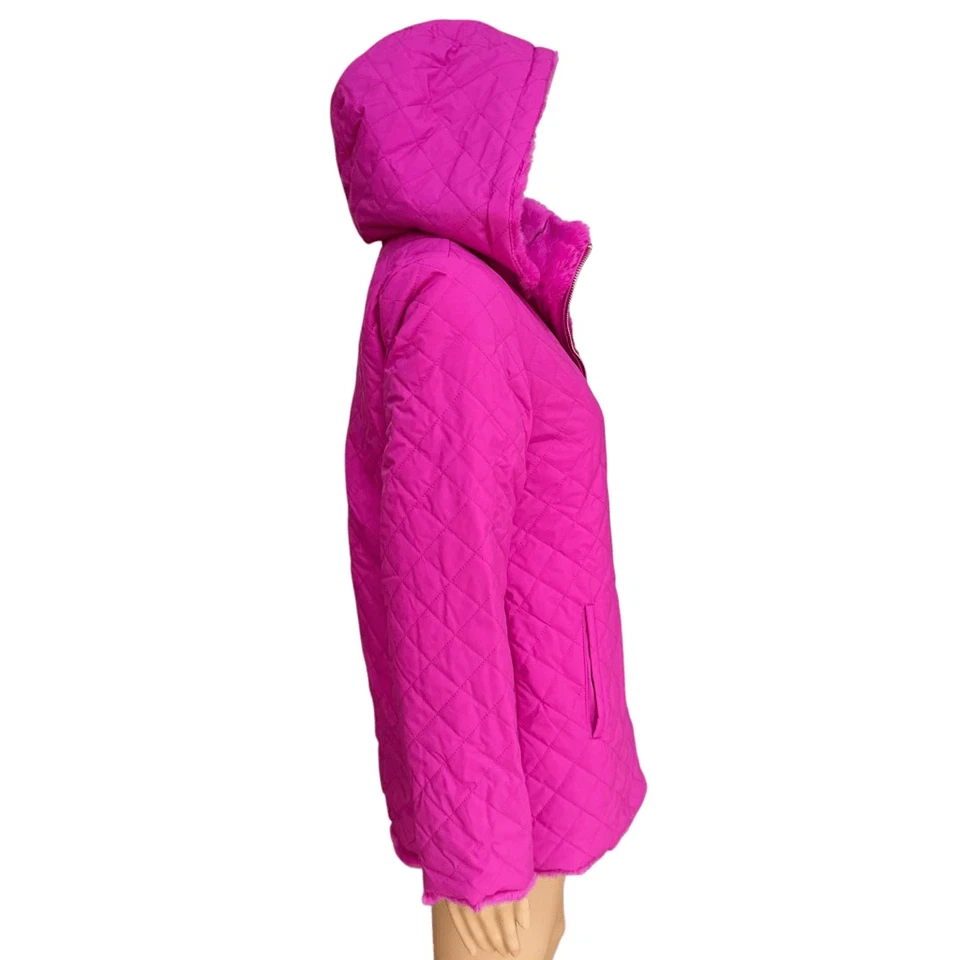 Abrigo IMAN de piel sintética fucsia reversible con capucha chaqueta acolchada para mujer talla XS NUEVO SIN ETIQUETAS Foto 3 de 4