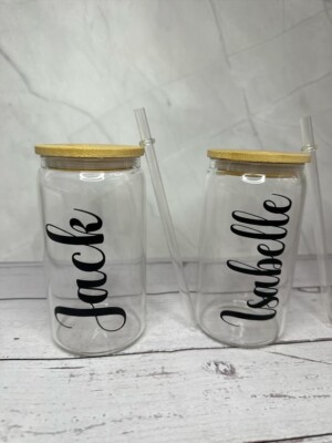 Personalisierte Glas Tasse mit Bambusdeckel Strohhalm Eiskaffee Kaltgetränk Geburtstag Gif