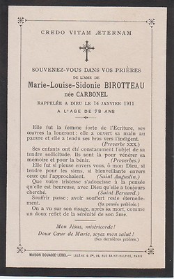 1911 Memento Marie-Louise-Sidonie BIROTTEAU geboren CARBONEL - Espalion (Aveyron).