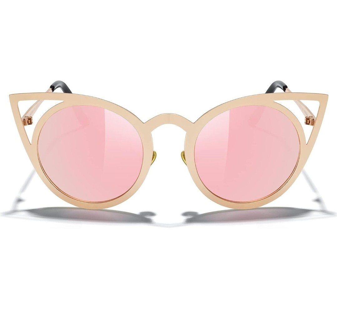 Stylish Pink Gold Cat Eye Sunglasses with Round Metal Cut-Out and Flash Mirror Lens