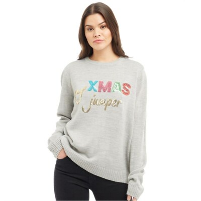 New Brave Soul Womens Christmas Jumper Sequin Slogan Light Grey