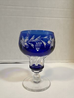 Vintage Val St Lambert Cobalt Blue VIGNES Pattern Glass 5.5  Damaged