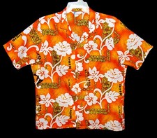 Sz XL Vin 80's Islander Hawaiian Aloha Shirt Tropical Floral Tribal Orange Poly