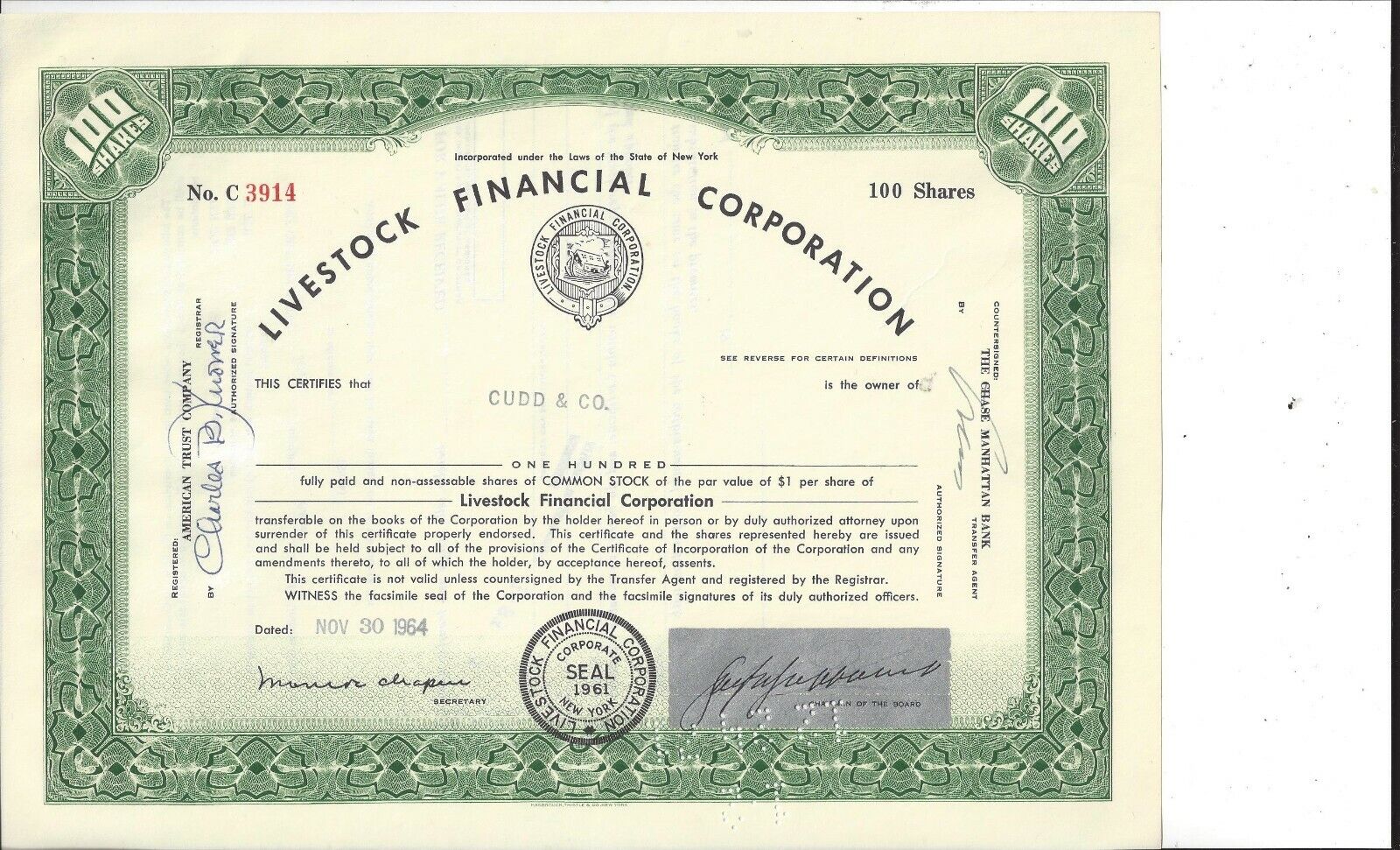 LIVESTOCK FINANCIAL CORPORATION......1964 COMMON STOCK Max 86% OFF 1 year warranty CERTIFICA