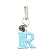 Vintage 80s Clip On Bell Charm Plastic Letter R Baby Blue Initial Alphabet Toy +