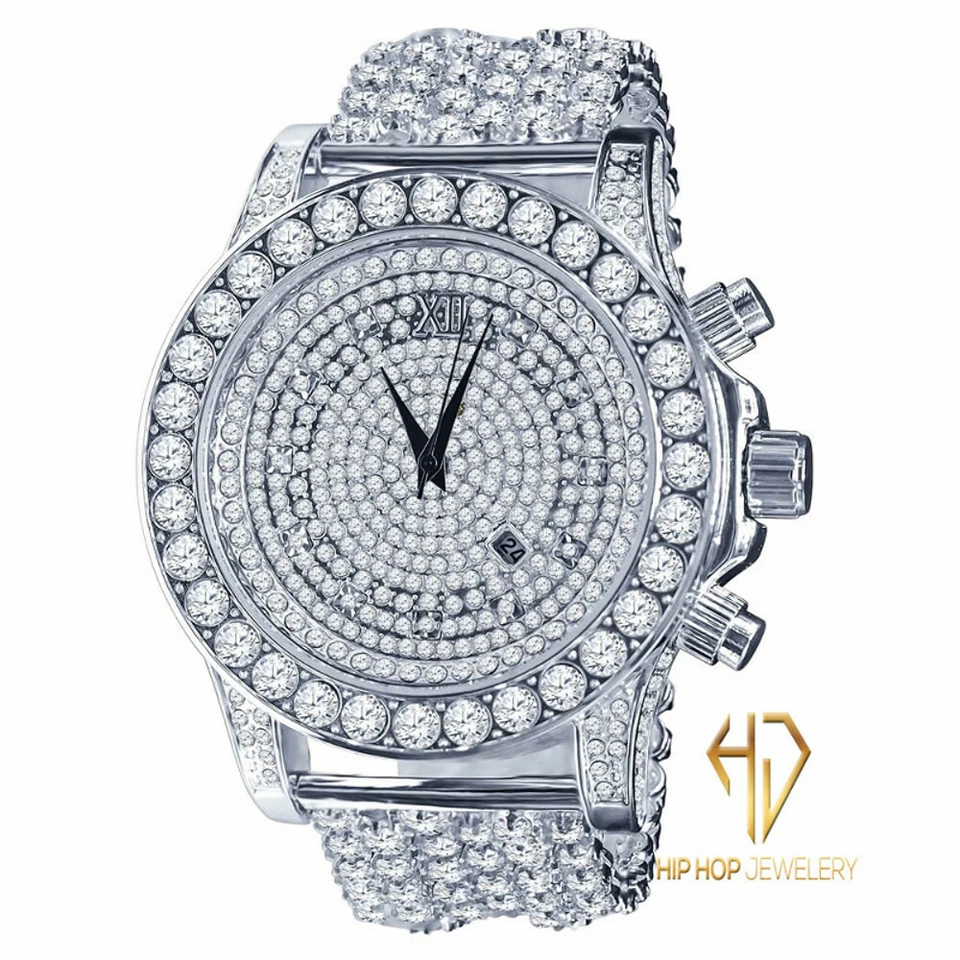 Men's White Gold Simulated Diamonds Solitaire Bling Master Custom Watch W /Date - Photo 2/4