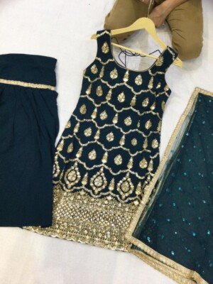 green bay homecoming dresses Wedding Embroidered Green Kurti Sharara Dupatta Dress – mahezon main image 1