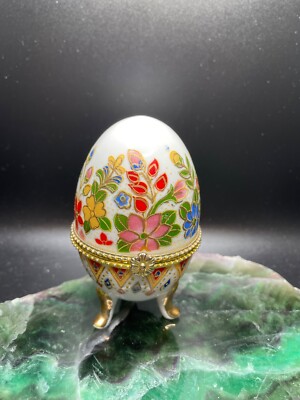 Vintage Porcelain Egg Shaped Hinged Trinket Box Multi Color Floral Gold Footed