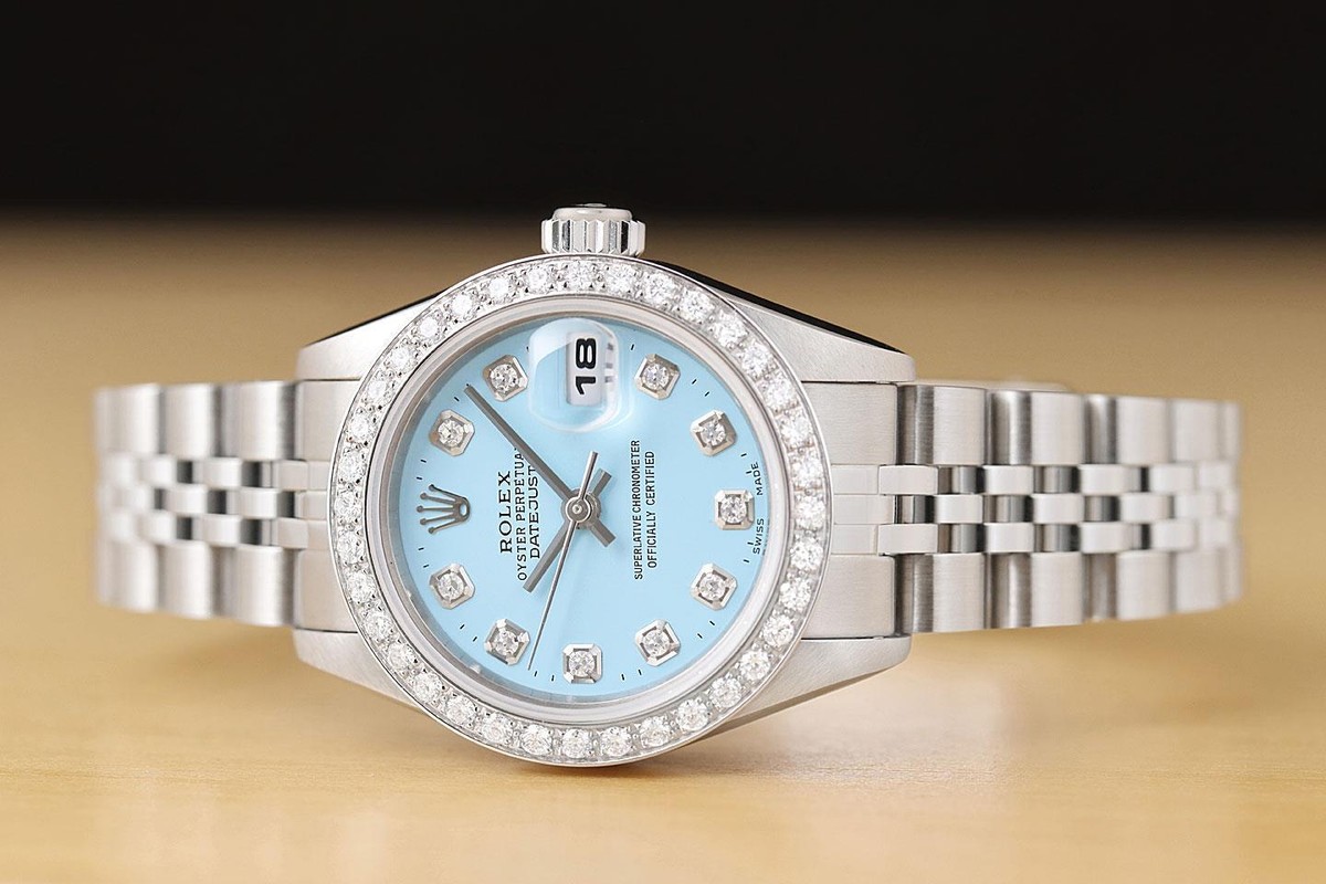 ROLEX LADIES DATEJUST 79174 NO HOLES AQUA BLUE DIAL 18K GOLD STEEL