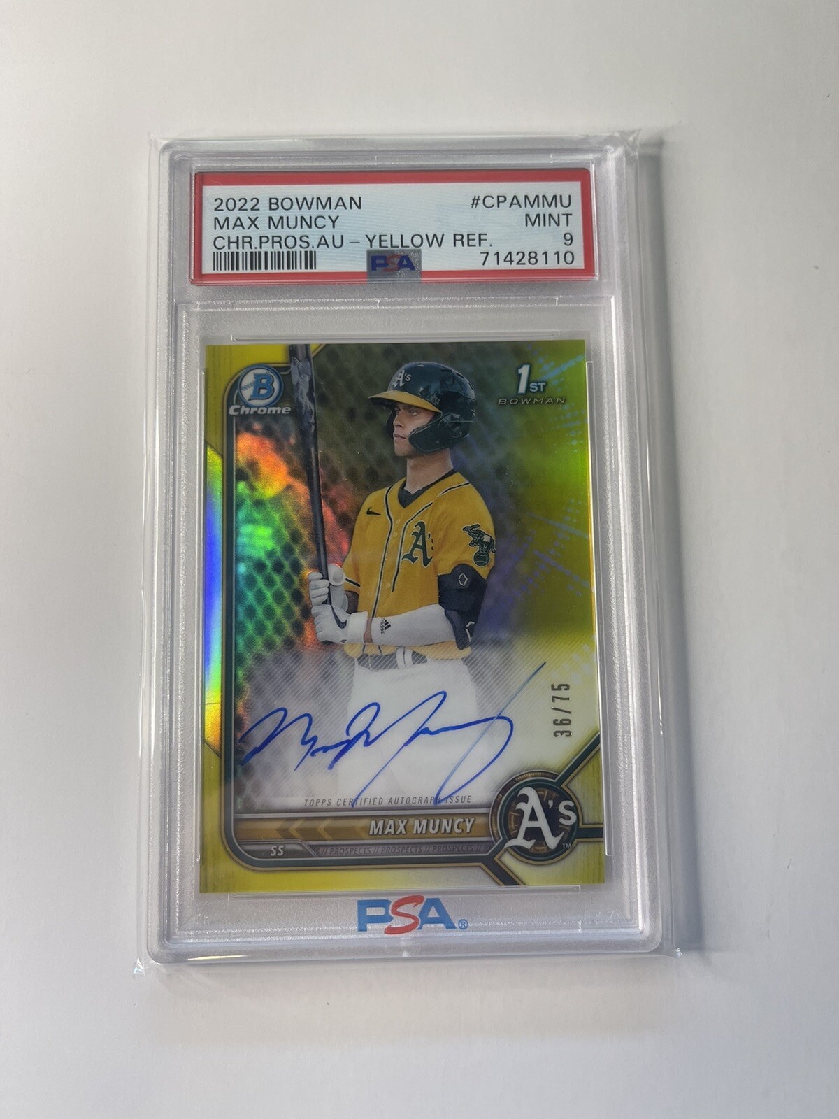 2022 Bowman Chrome 1st MAX MUNCY Yellow Auto /75 PSA 9 Oakland A's Color Match
