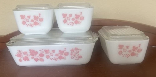 RARE Vintage Pyrex Pink Gooseberry Refrigerator Dish Set Of 4 + Lids 501 502 503