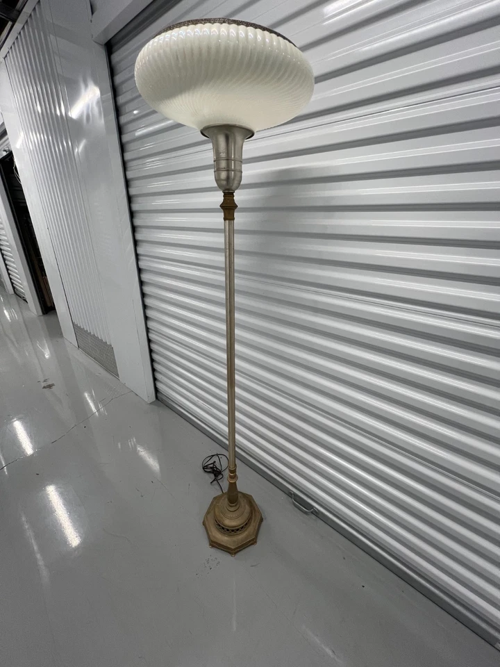 Vintage Rembrandt Torchiere Floor Lamp w/ Ribbed Milk Glass Shade – Art Deco Mid - Image 2 of 4