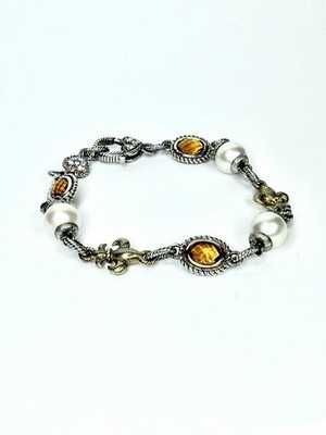 Judith Ripka Sterling Silver Citrine Pearl Fleur de Lis Link Bracelet 7.5''