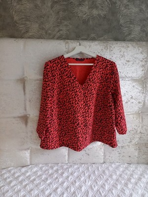 M&S Coral Red Black Mix Super Stretchy V Neck Blouse Top Size 20 Uk 3/4 Sleeve 