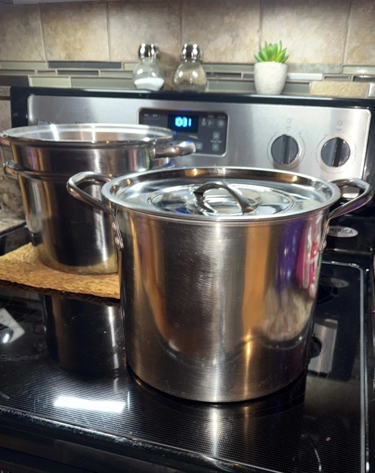 Vintage Utica 15 Qt Stockpot Handles With Lid Silver Toned Kitchen 8” H 14” L
