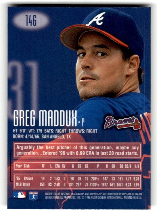 1996 E-Motion XL #146 Greg Maddux Baseball Card - Image 2 of 2