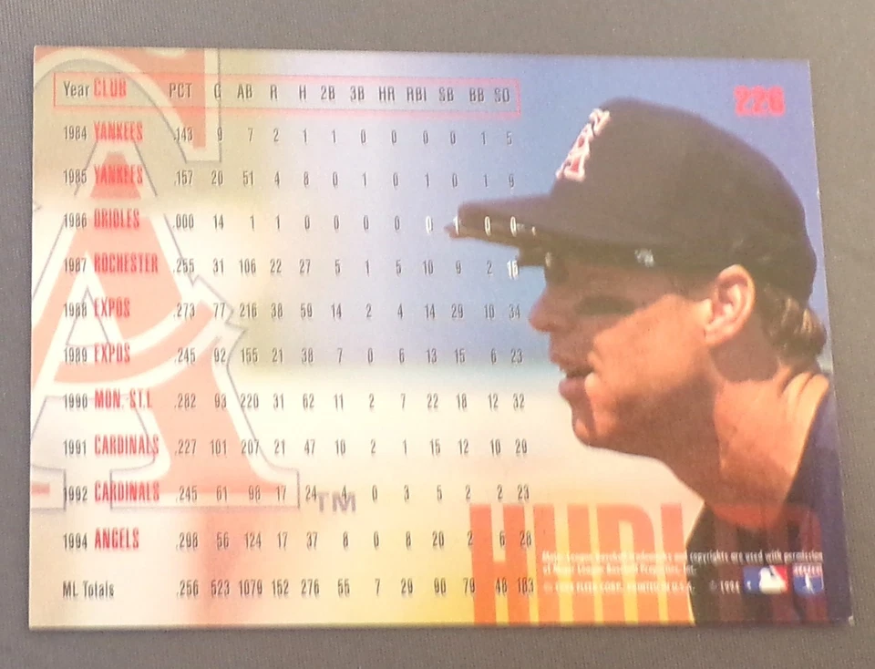 Rex Hudler, California Angels, Fleer '95, #226, Fleer 1994, Mint - Image 2 of 2