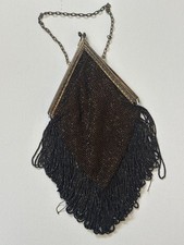 Antique 1920s Beaded Evening Bag Fringe Brown Metal Frame Flapper Art Deco FLAW