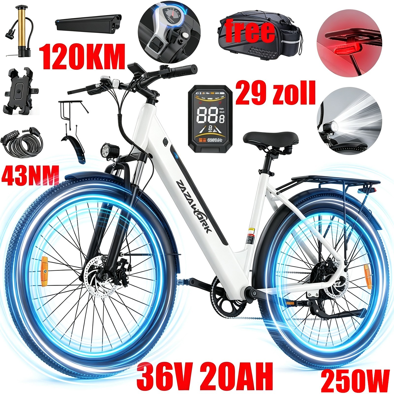 Bicicletta Elettrica Donna/Uomo 29 Pollici 250W 36V20AH City Commuter E-BIKE 43NM Ebike
