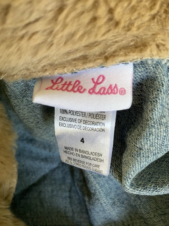 Little Lass 4T Pink Knit Dress With Denim Fur Jacket - Image 4 of 4